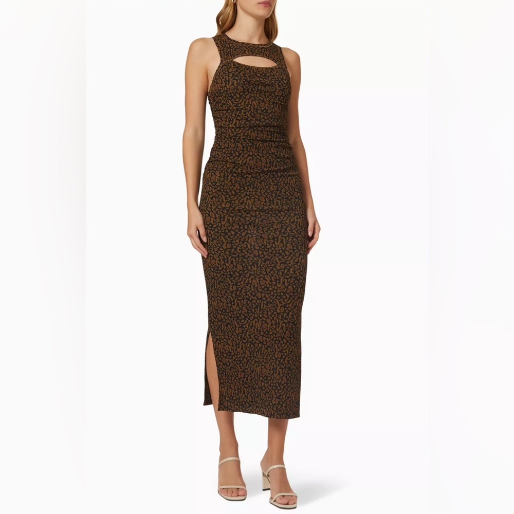 Nanushka Women Black Brown Rilo Cutout Ruched Midi Sheath Dress Size M